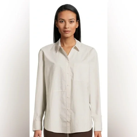 Time and Tru Oversized Button Front Shirt-Papyrus Beige/Vivid White Stripe-Large - Picture 4 of 10
